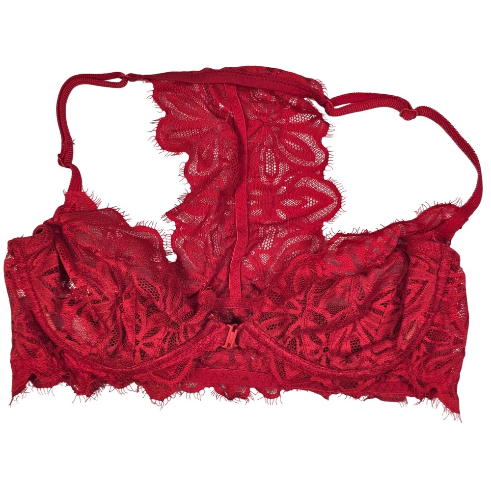 Victoria's Secret PINK Red Floral Eyelash Lace Front Clasp Racerback Bra‎ 34C
